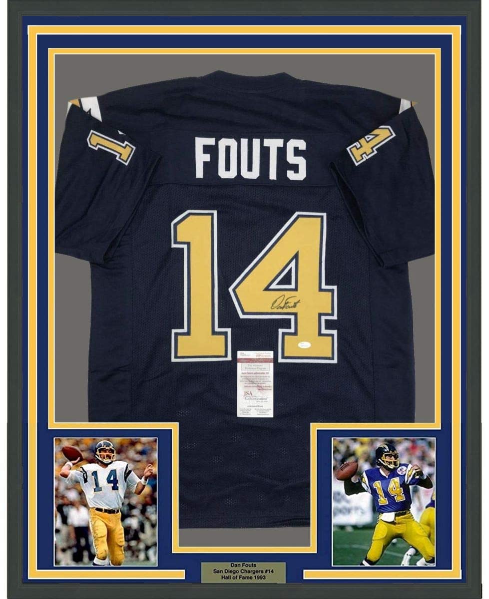 Framed Autographed/Signed Dan Fouts 35x39 San Diego Dark Blue Football Jersey JSA COA