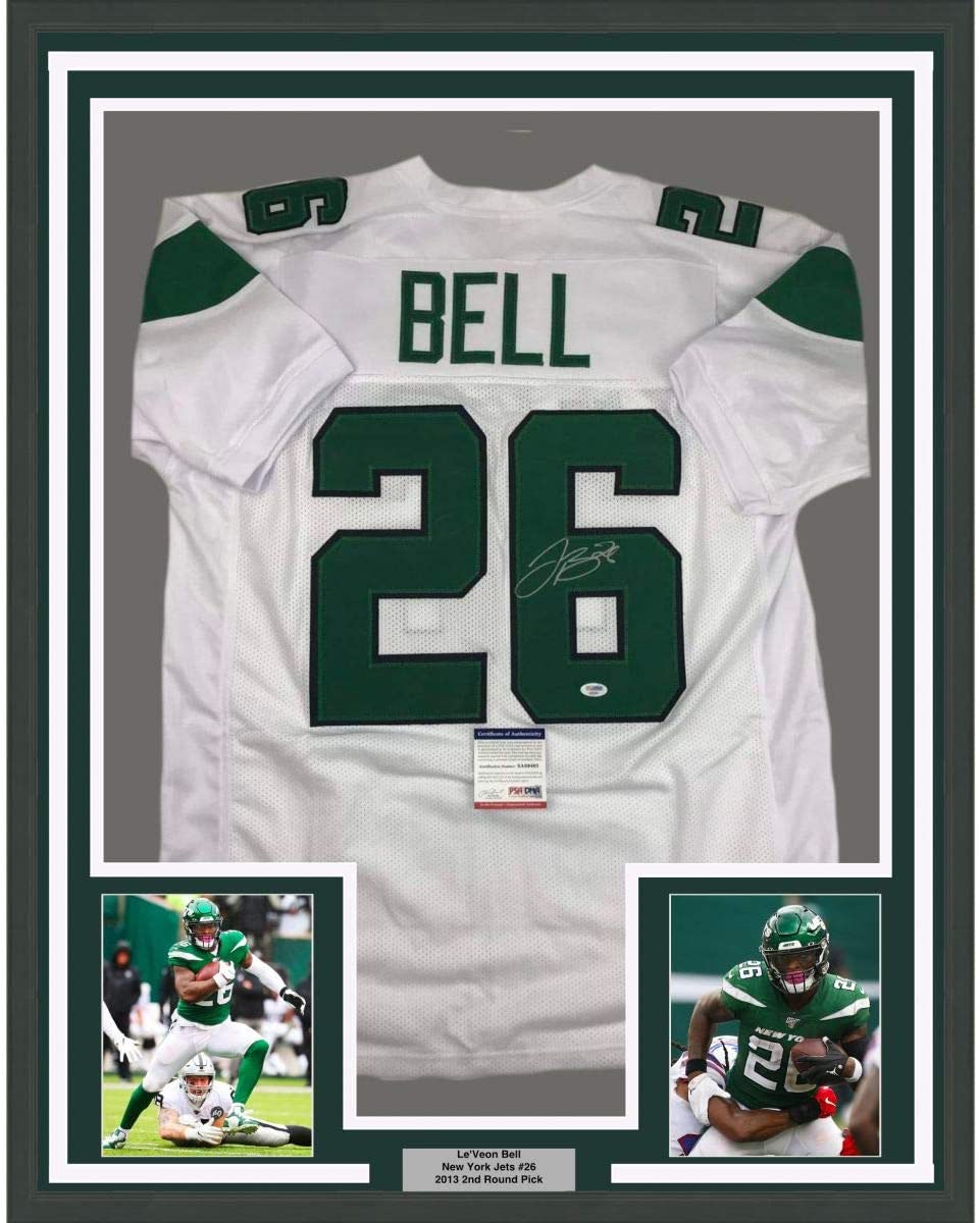 Framed Autographed/Signed Le'Veon LeVeon Bell 35x39 New York White Football Jersey PSA/DNA COA