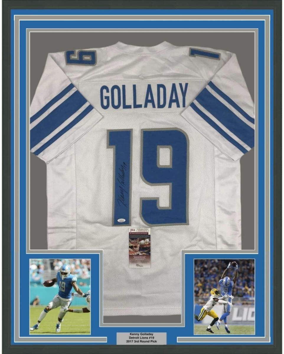 Framed Autographed/Signed Kenny Golladay 35x39 Detroit White Football Jersey JSA COA