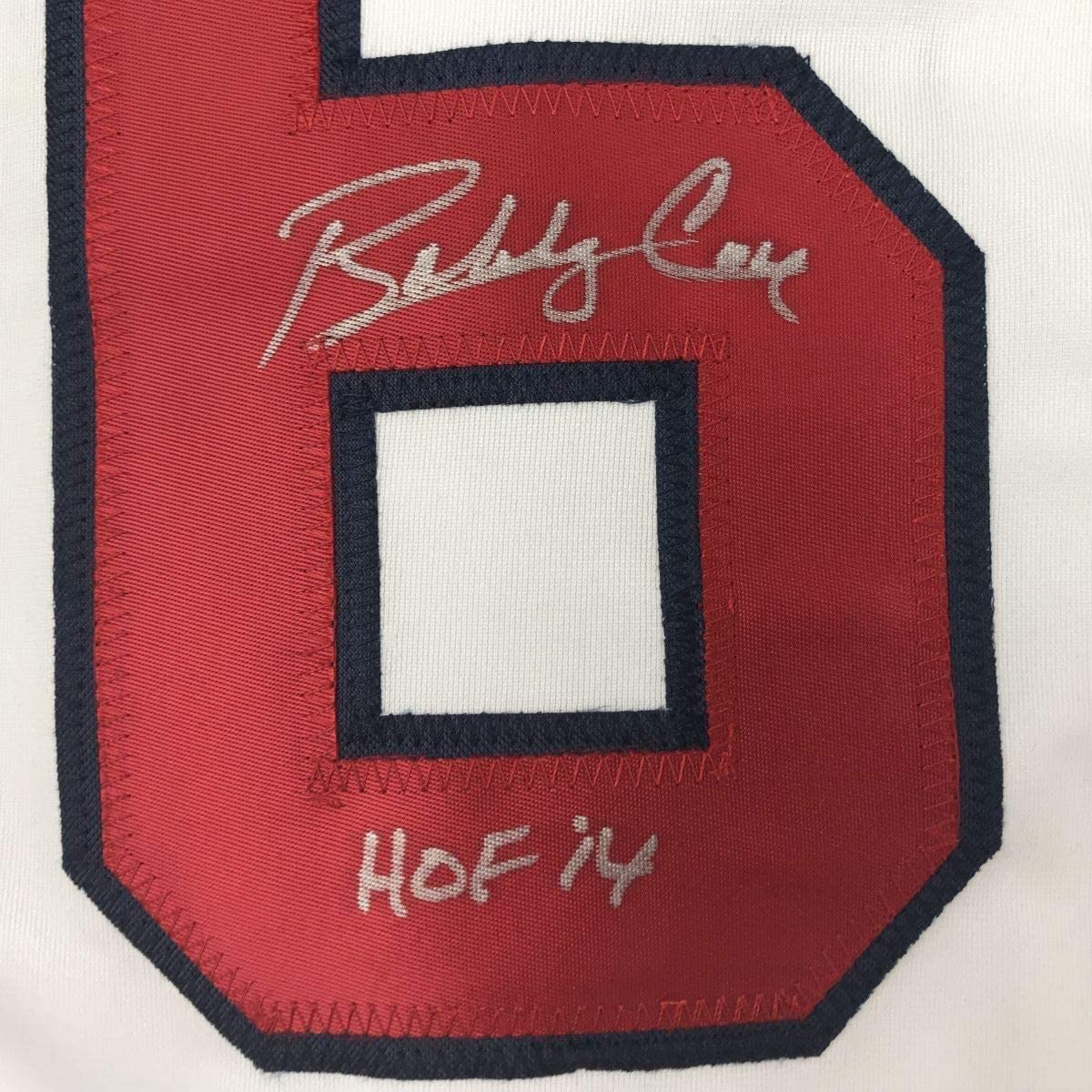 Framed Autographed/Signed Bobby Cox HOF 14 35x39 Atlanta White Baseball Jersey JSA COA