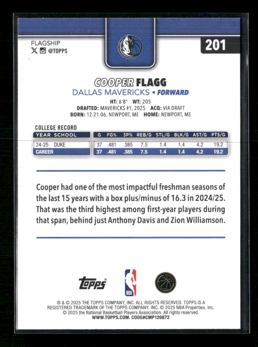 2025-26 Topps Sandglitter Cooper Flagg RC #201