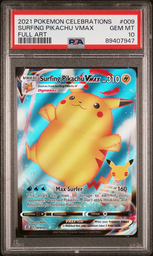 2021 Pokemon Celebrations Full Art Surfing Pikachu Vmax 10 PSA #009