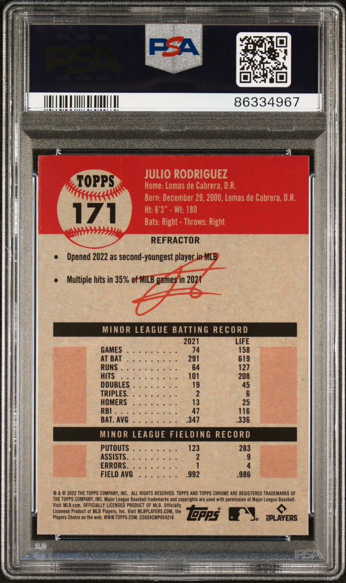 2022 Topps Chrome Platinum Anniversary Refractor Julio Rodriguez 9 PSA #171