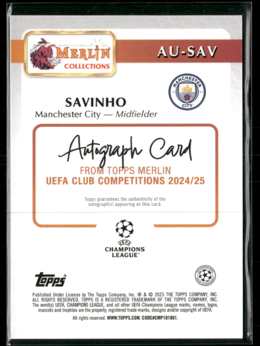 2024-25 Merlin UEFA Club Competitions Base Auto Aqua Savinho #/75 #AU-SAV