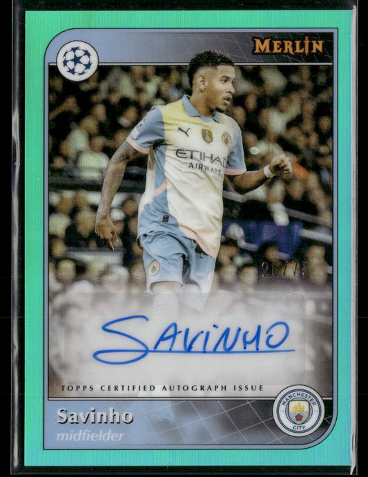 2024-25 Merlin UEFA Club Competitions Base Auto Aqua Savinho #/75 #AU-SAV
