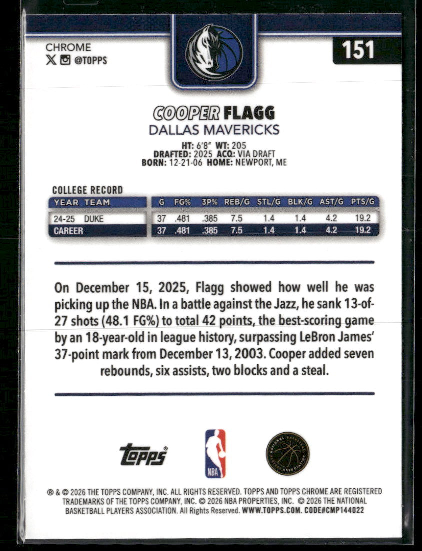 2025-26 Topps Chrome Update RayWave Refractor Cooper Flagg RC #151