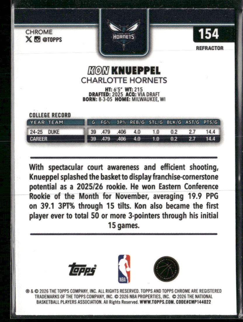 2025-26 Topps Chrome Update Refractor Kon Knueppel RC #154