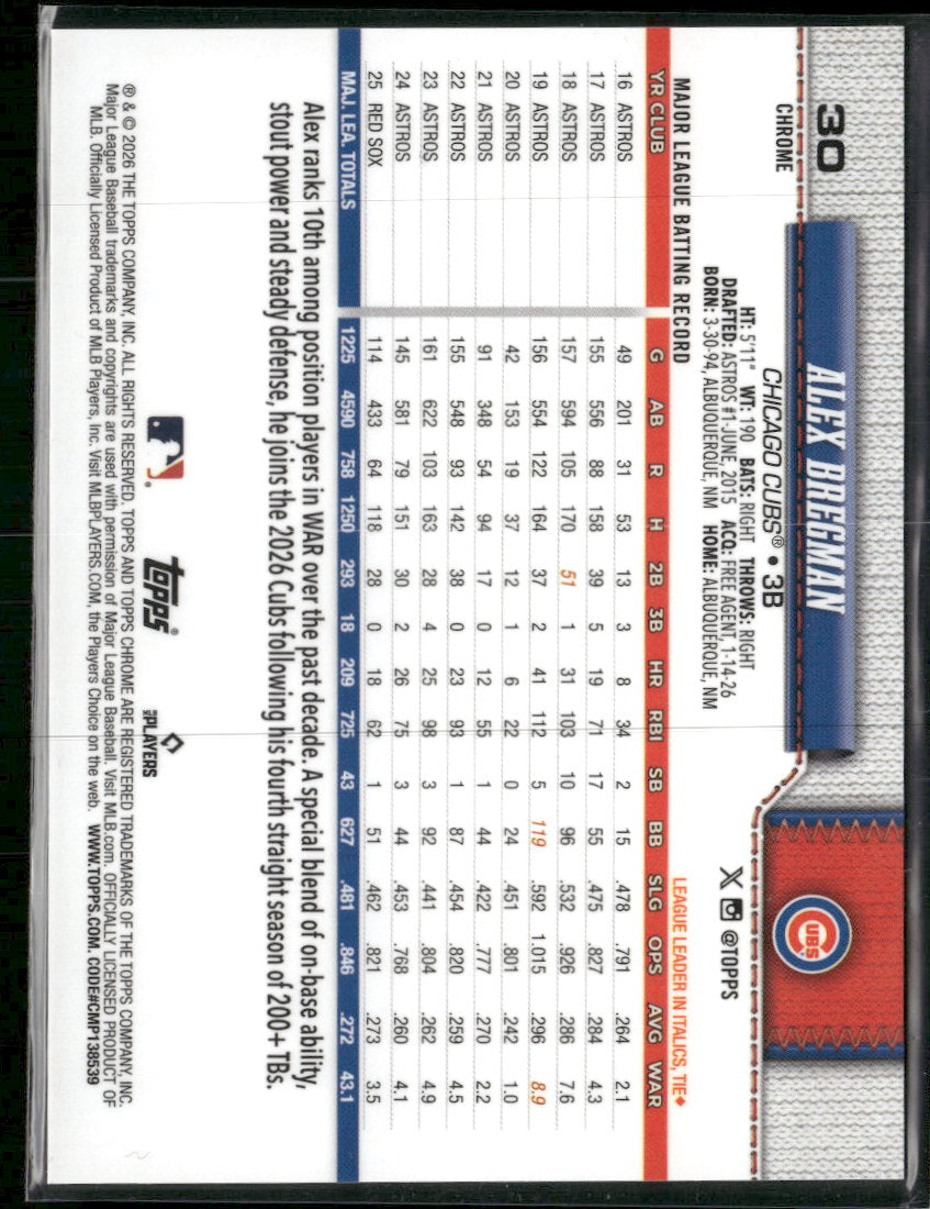 2026 Topps Chrome Gold X-Fractors Alex Bregman #/50 #30