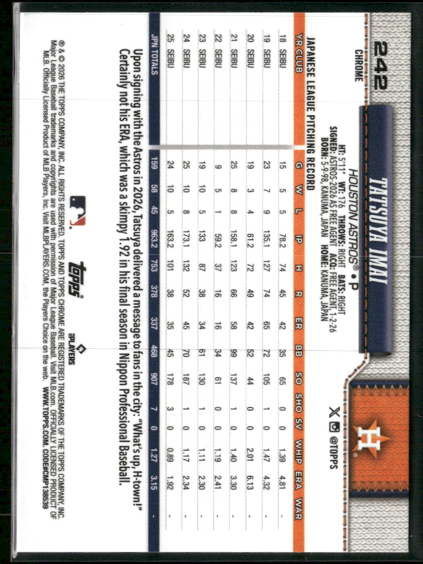 2026 Topps Chrome Blue Raywave Refractors Tatsuya Imai RC #/150 #242