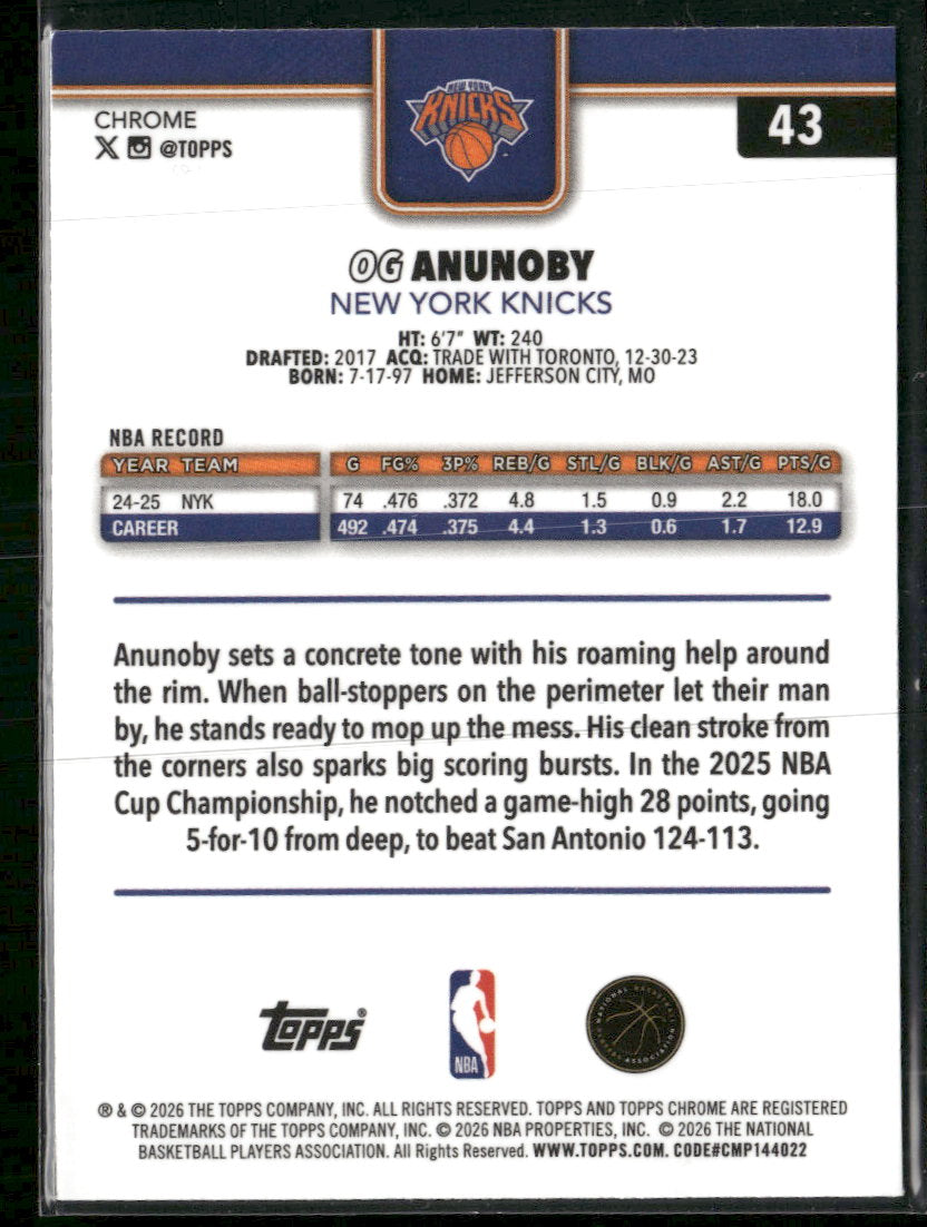 2025-26 Topps Chrome Update Blue Refractor OG Anunoby #/150 #43