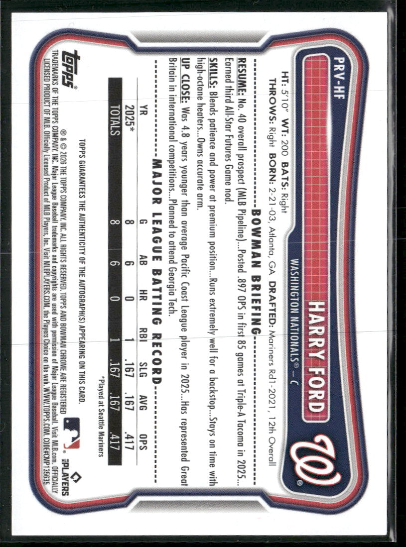 2026 Bowman Rookie and Veteran Autographs Harry Ford AU #PRV-HF