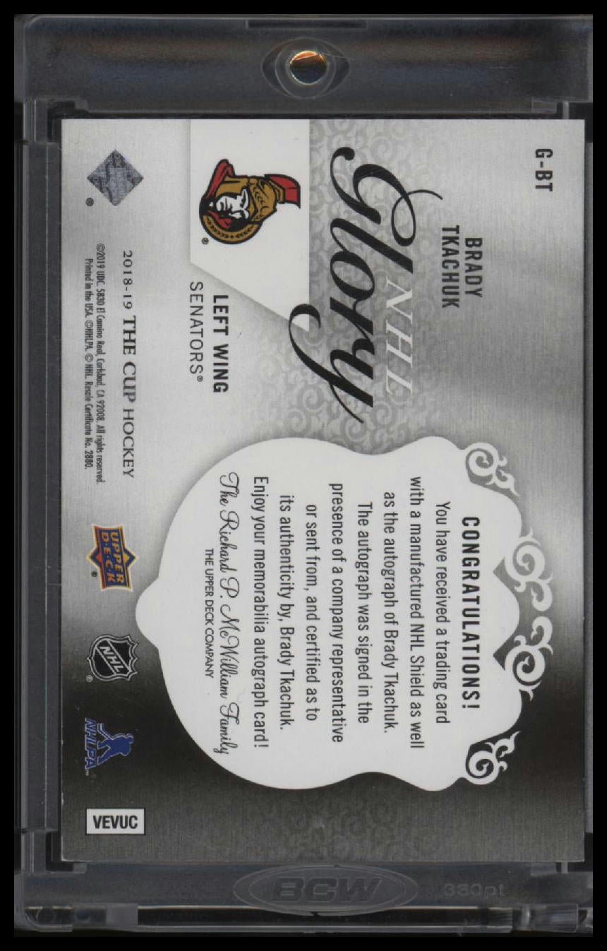 2018-19 Upper Deck The Cup NHL Glory Autos Metal Shield Brady Tkachuk #/10