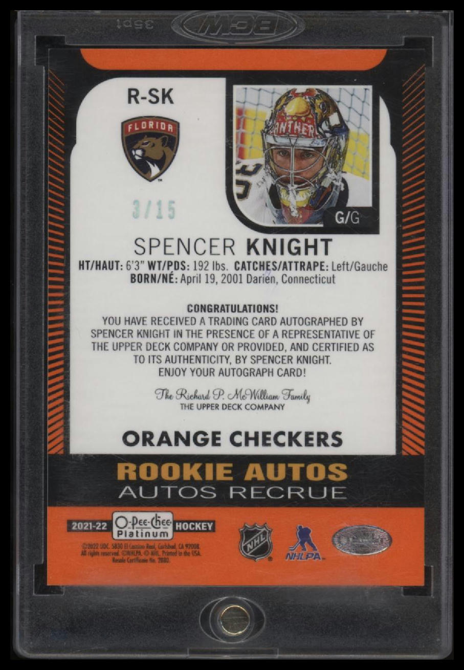 2021-22 O-Pee-Chee Platinum Rookie AU Orange Checkers Spencer Knight /15 #R-SK