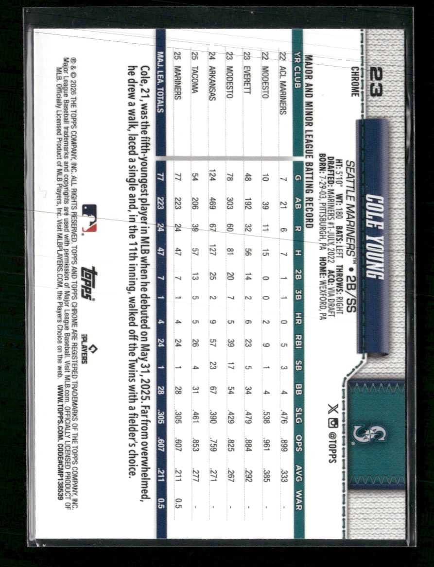 2026 Topps Chrome Blue Wave Refractors Cole Young RC #/150 #23