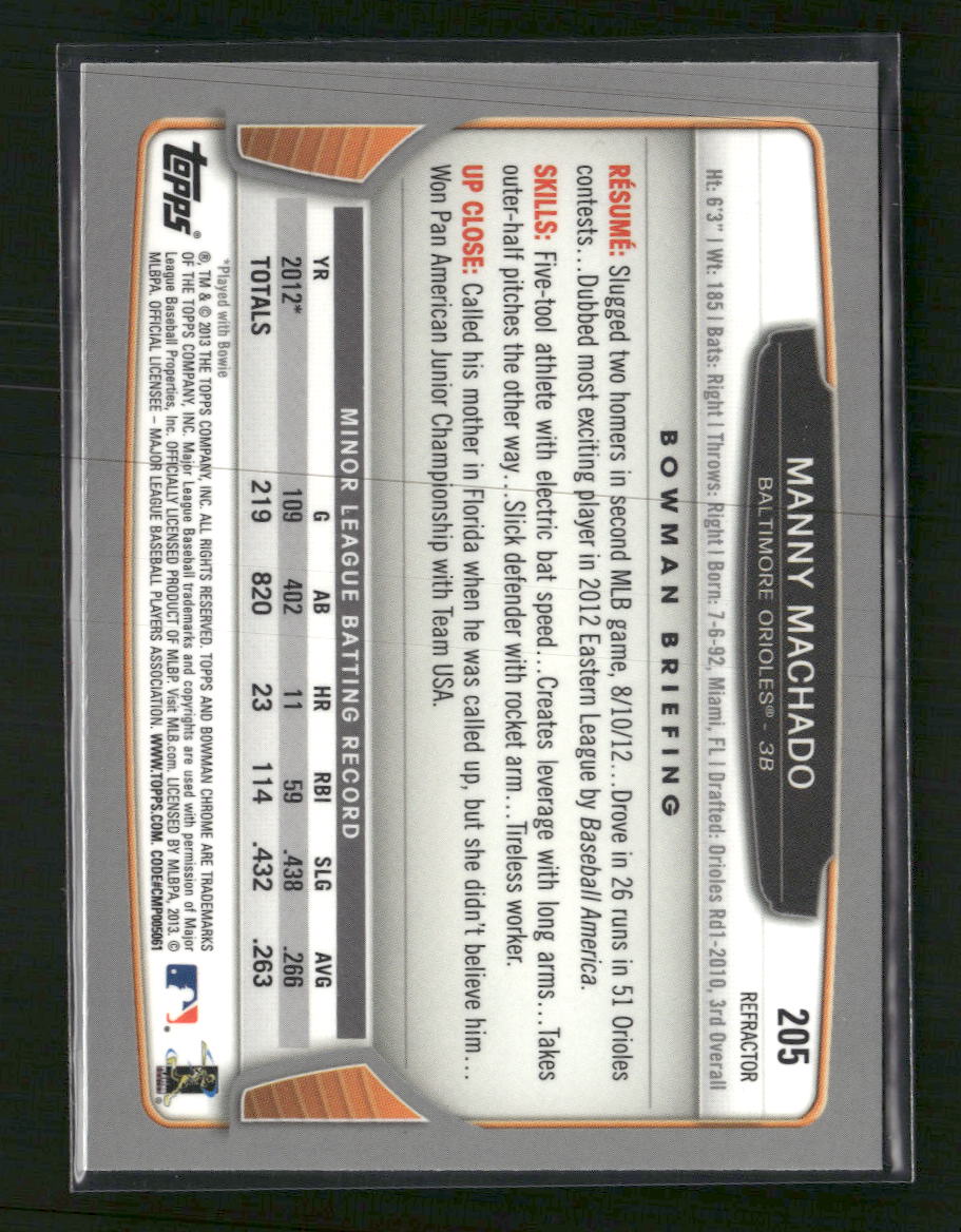2013 Bowman Chrome Refractors Manny Machado RC #205