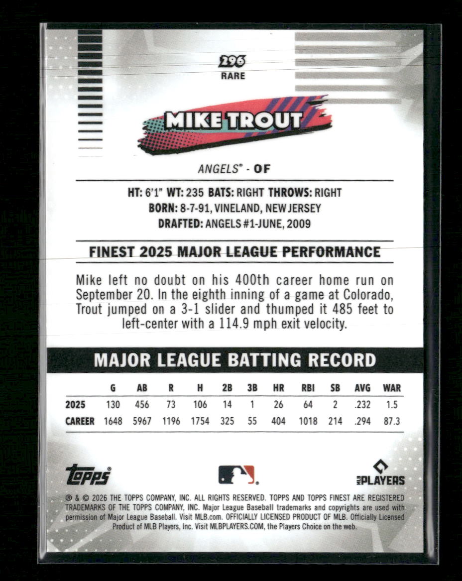 2026 Finest Black Refractors Mike Trout #/10 #296