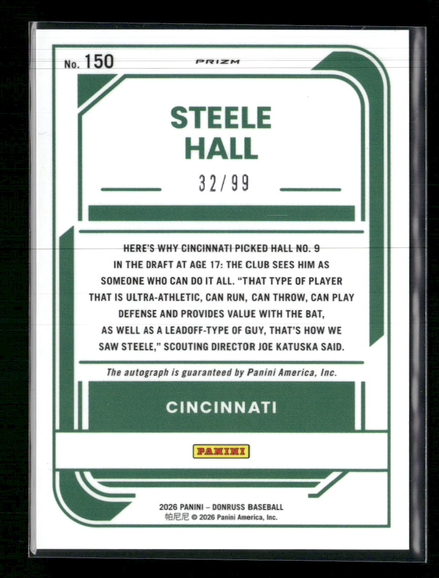 2026 Donruss Rated Prospects Optic Signatures Purple Steele Hall #/99 AU #150