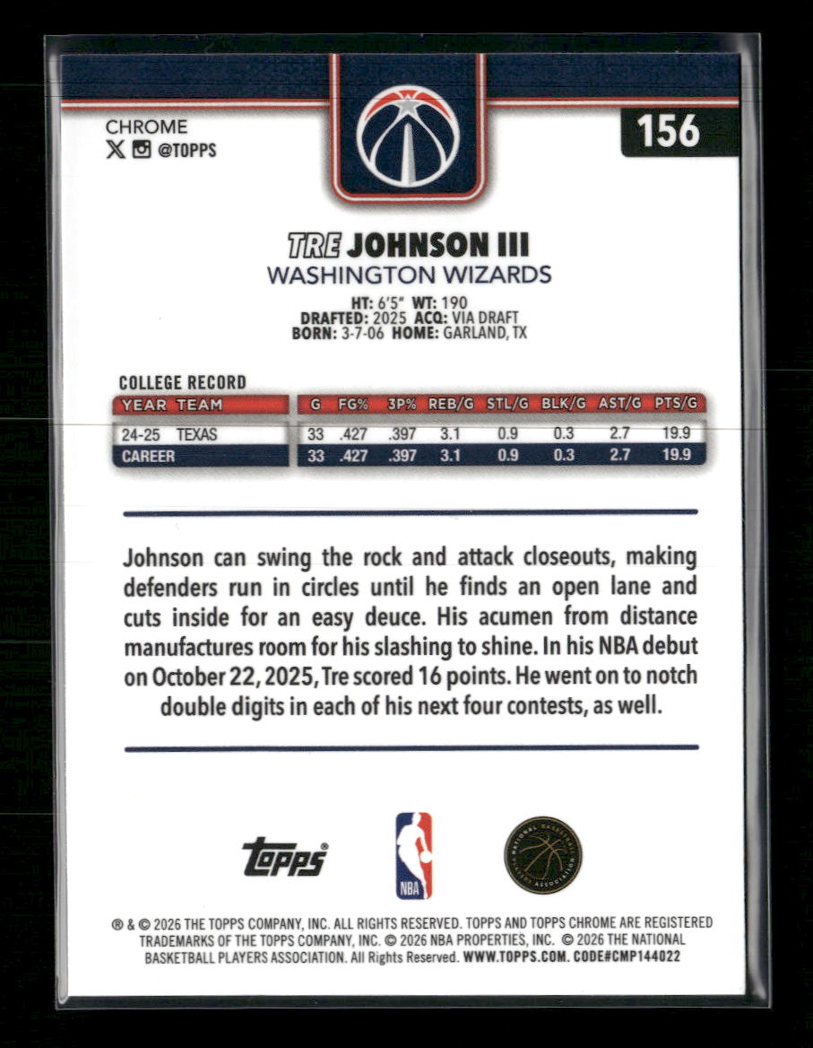 2025-26 Topps Chrome Update Yellow RayWave Tre Johnson III RC #/275 #156