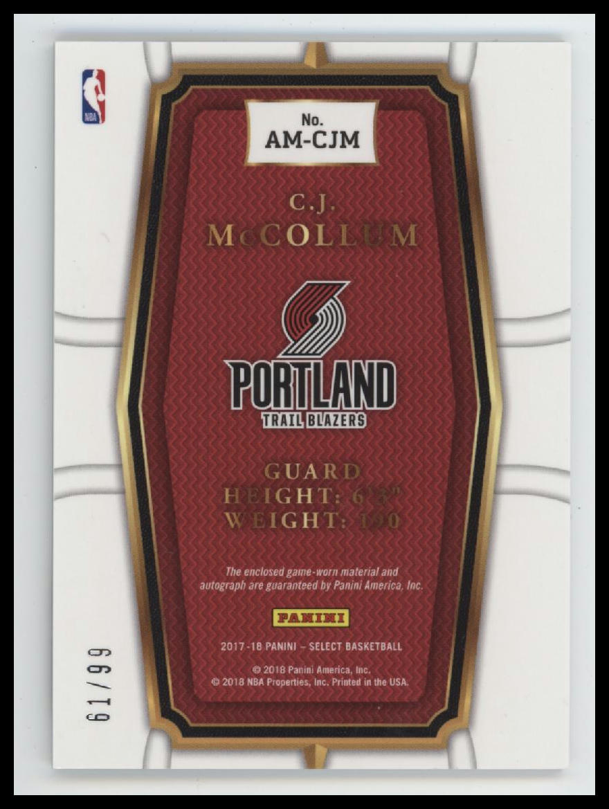 2017-18 Panini Select Autographed Memorabilia C.J. McCollum #/99 AU #AM-CJM