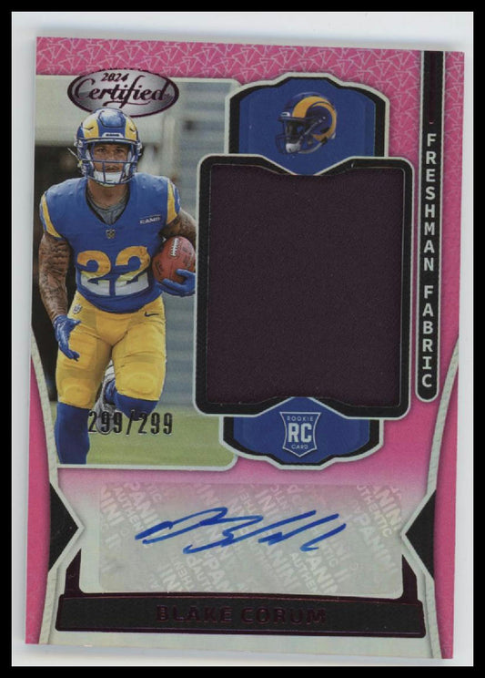 2024 Panini Certified Freshman Fabric Pink Blake Corum #/299 Auto #FMS-BCM