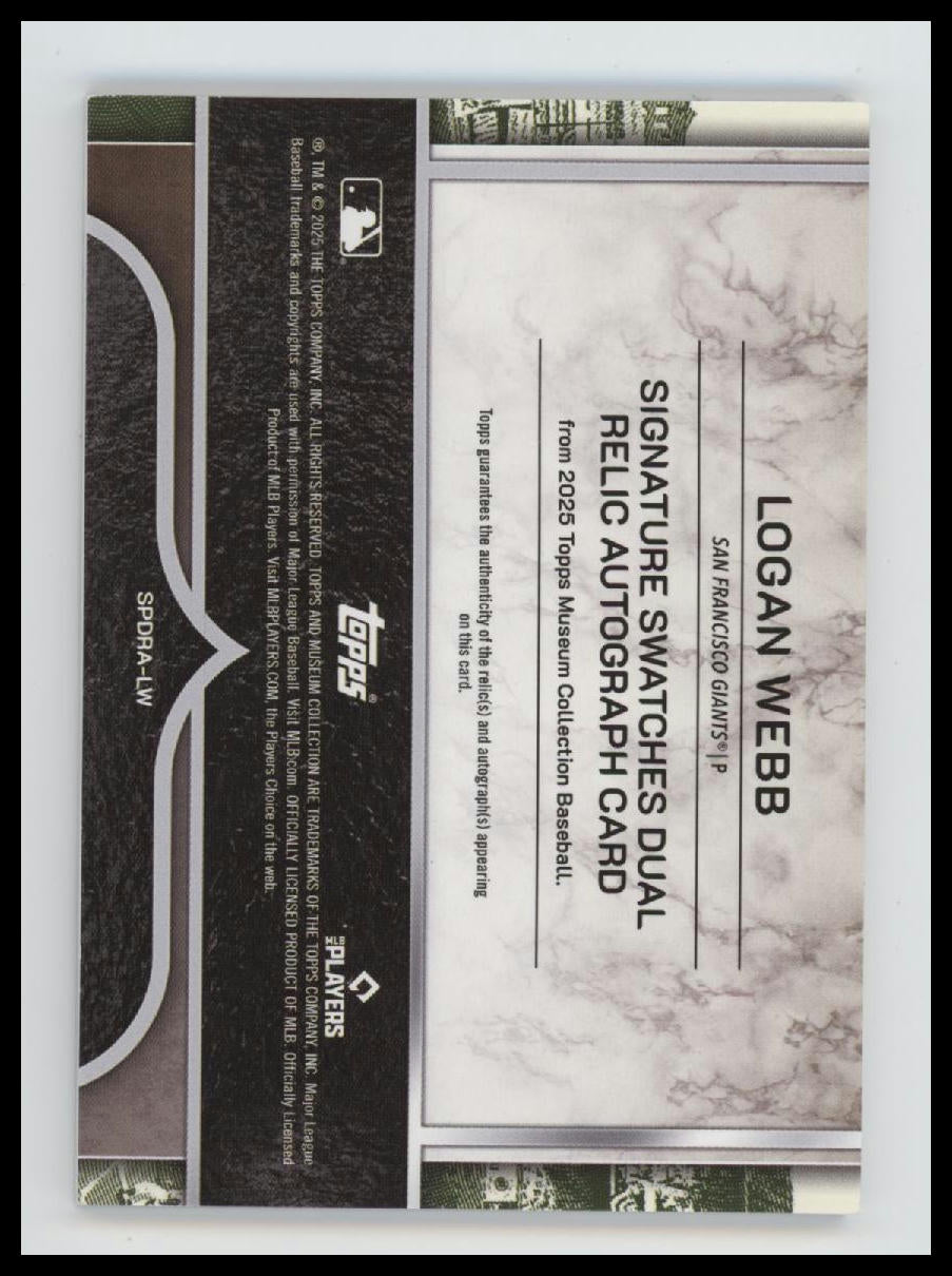 2025 Topps Museum Collection Dual Relic Auto Logan Webb #/299 AU #SPDRA-LW