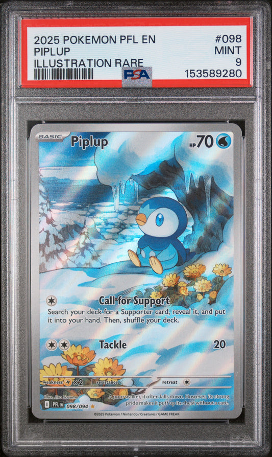 2025 Pokemon Pfl En-Phantasmal Flames Illustration Rare Piplup 9 PSA #098