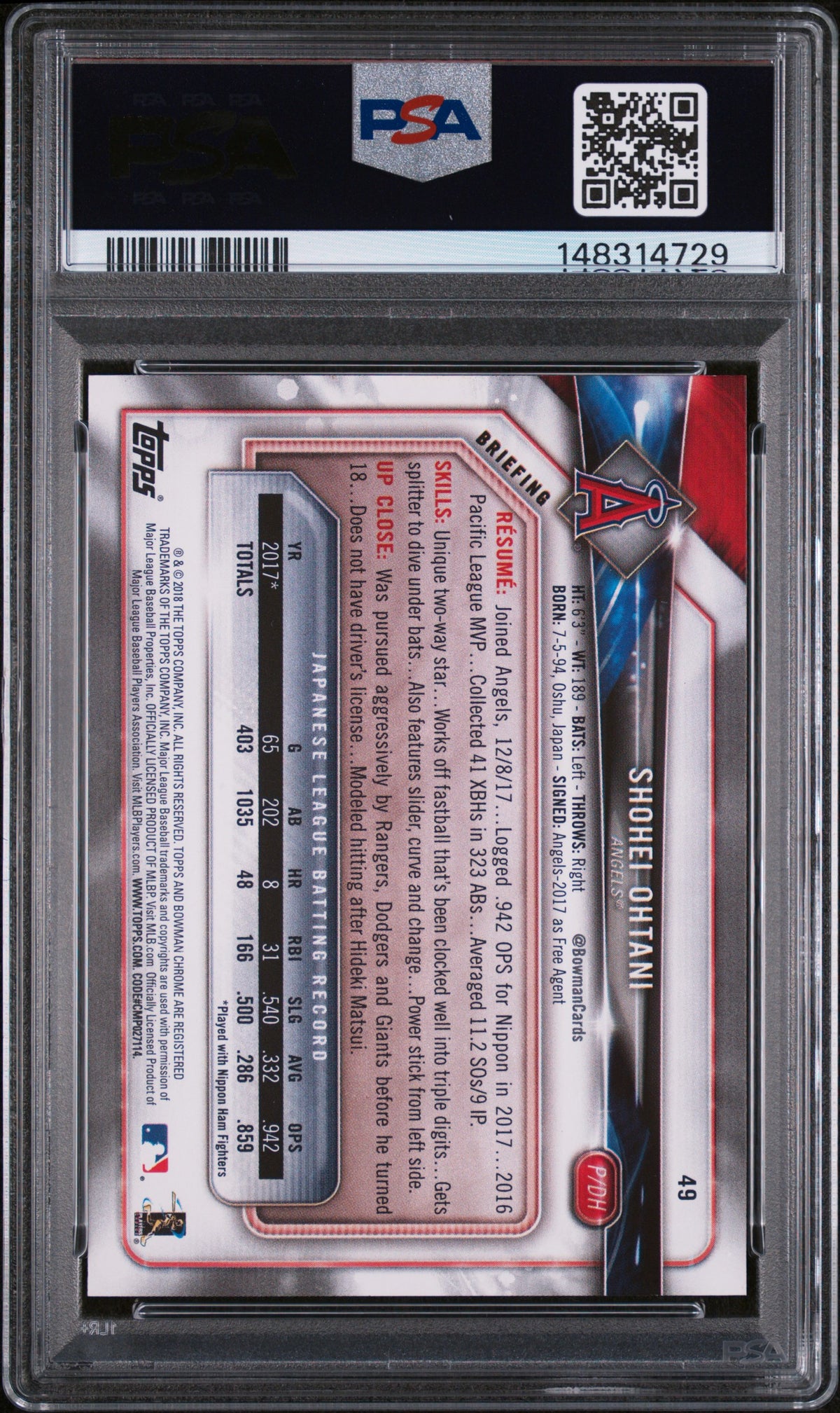 2018 Bowman Shohei Ohtani 9 PSA #49