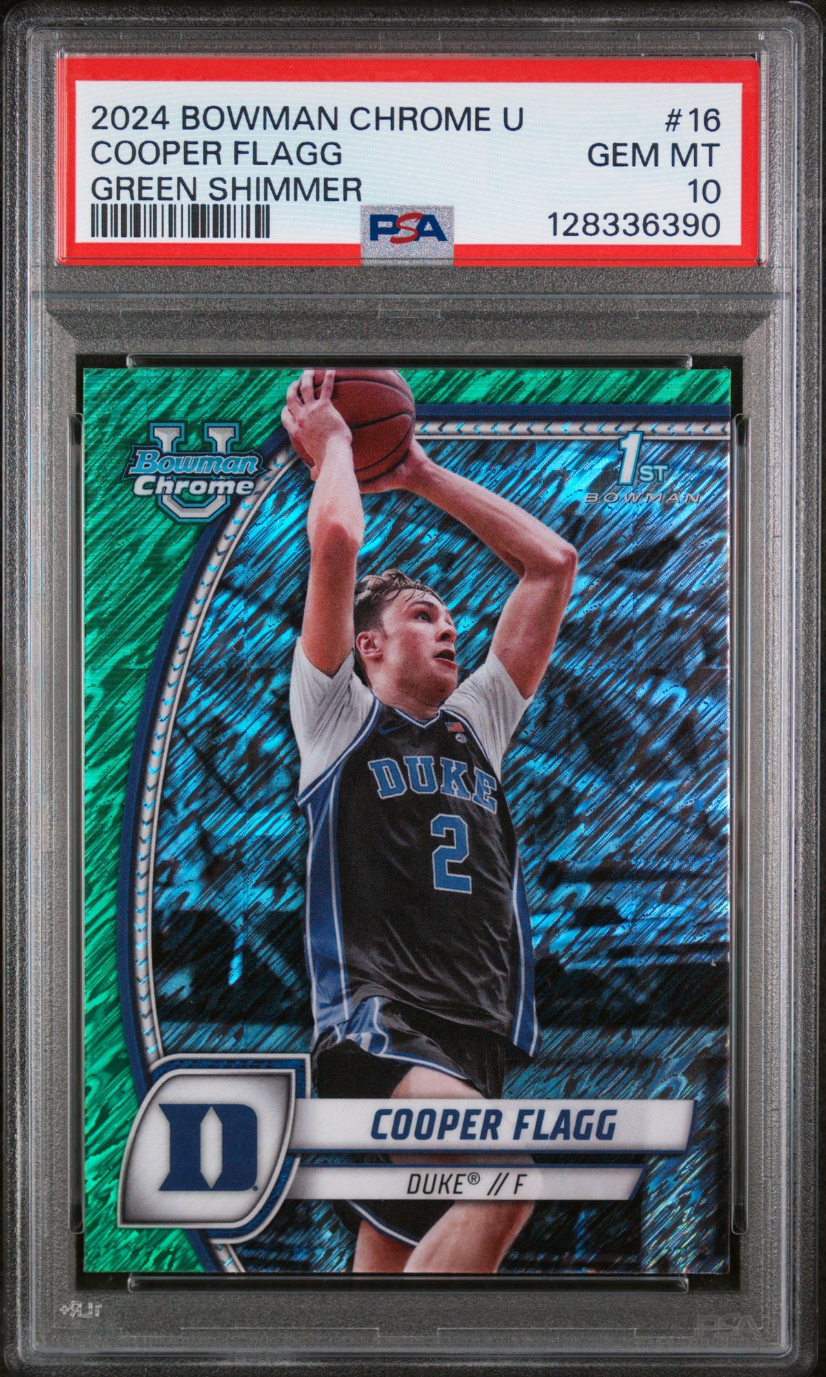 2024 Bowman Chrome University Green Shimmer Cooper Flagg 10 PSA #16
