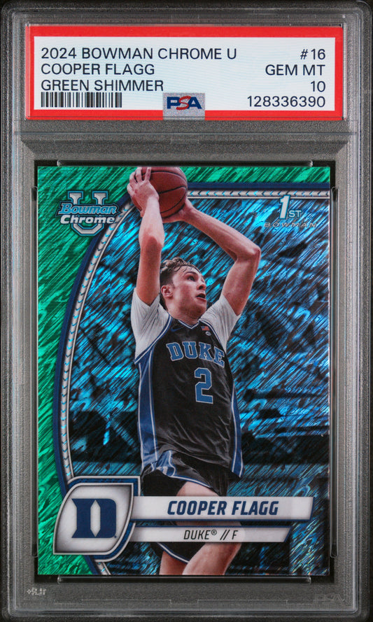 2024 Bowman Chrome University Green Shimmer Cooper Flagg 10 PSA #16