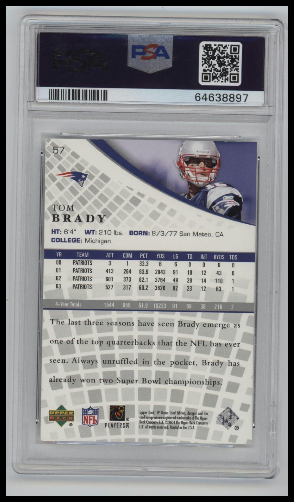 2004 Sp Game Used Tom Brady 8 PSA #57