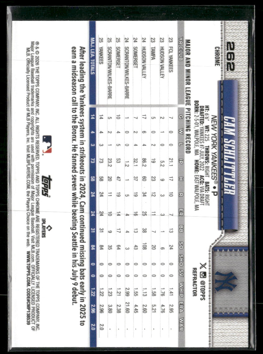2026 Topps Chrome Topps Refractor Cam Schlittler RC #262