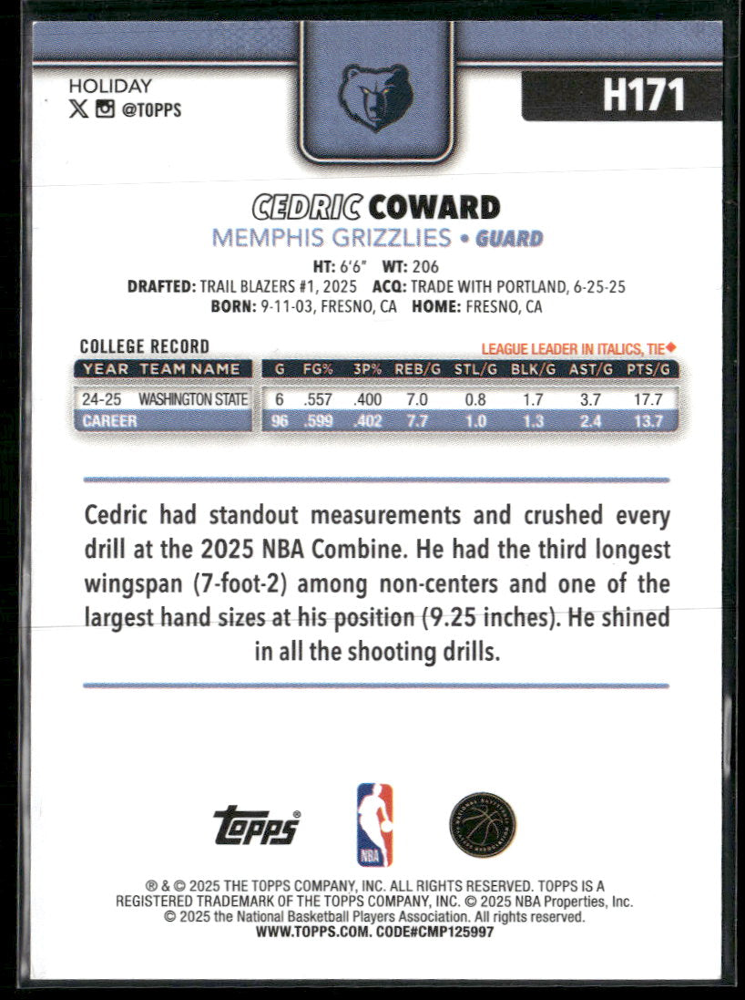 2025-26 Topps Purple Metallic Glitter Holiday Cedric Coward RC #/99 #H171