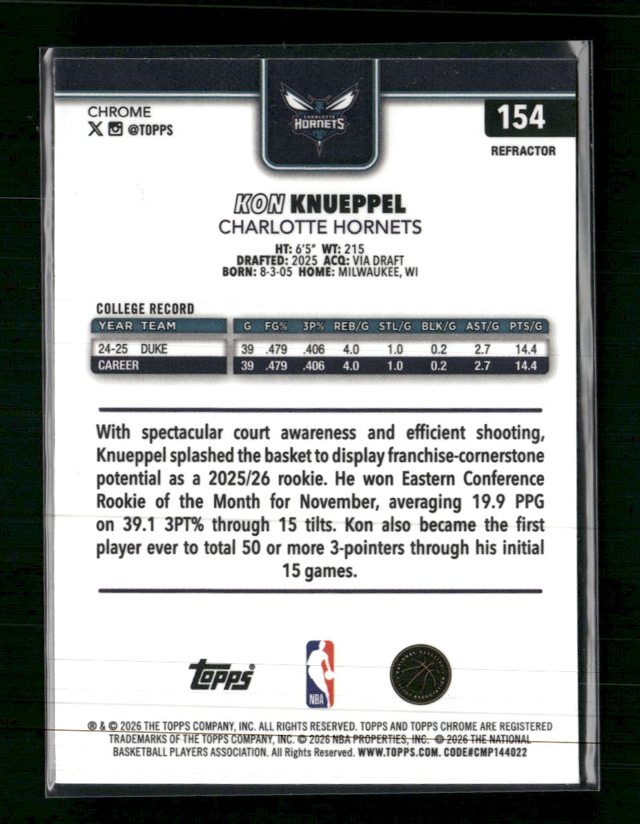 2025-26 Topps Chrome Update Refractor Kon Knueppel RC #154