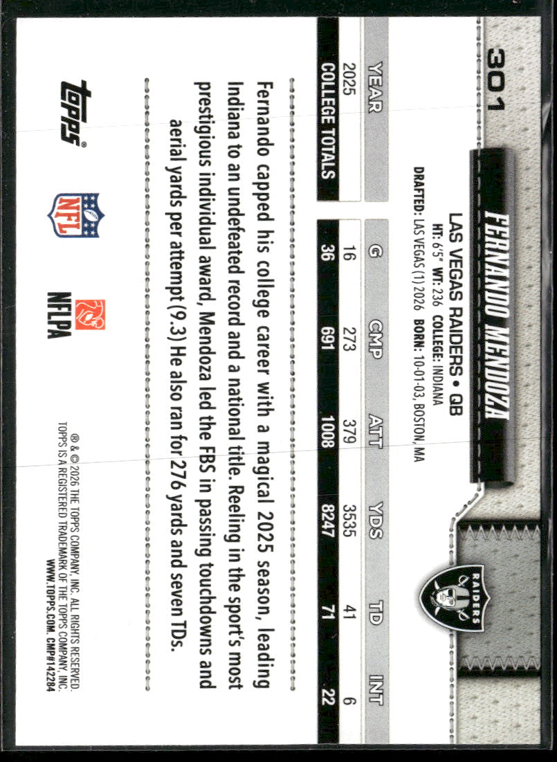 2026 Topps Flagship Football Leather Foil Fernando Mendoza #301