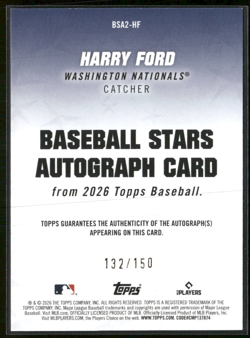2026 Topps Baseball Stars Autographs Blue (Series Two) Harry Ford #/150 #BSA2-HF