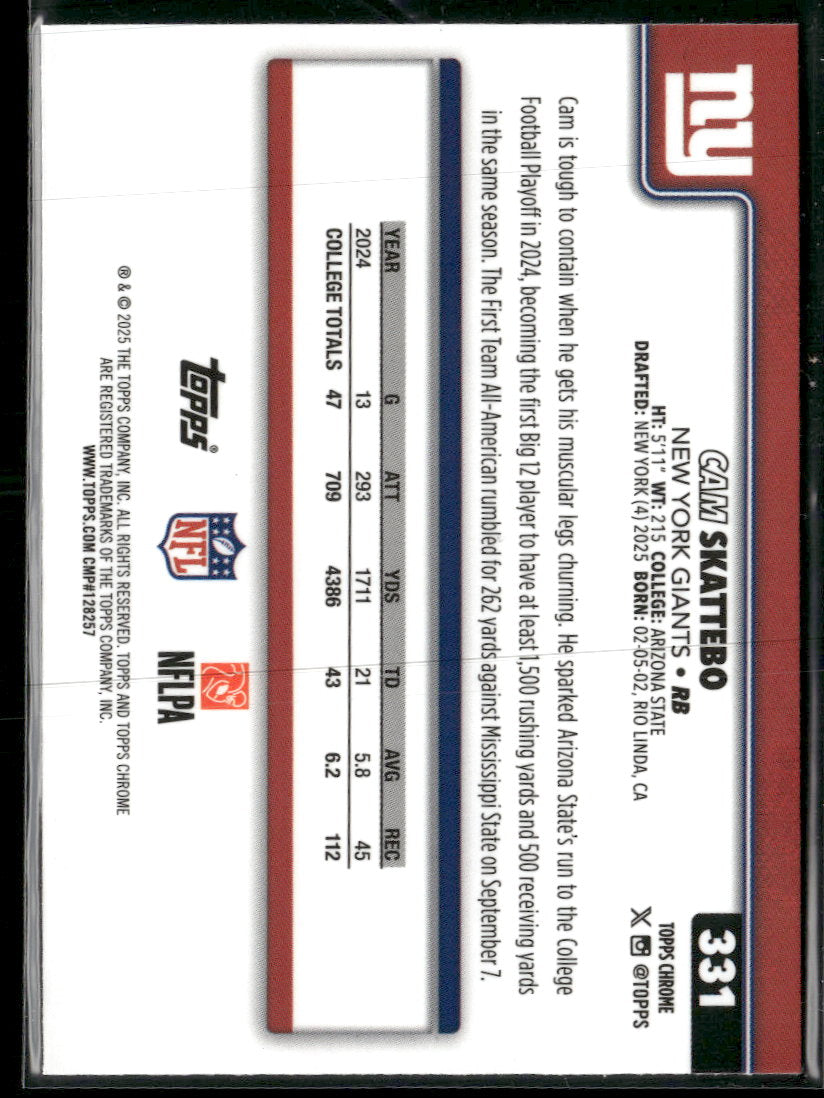 2025 Topps Chrome Red White and Blue Refractor Cam Skattebo RC #331