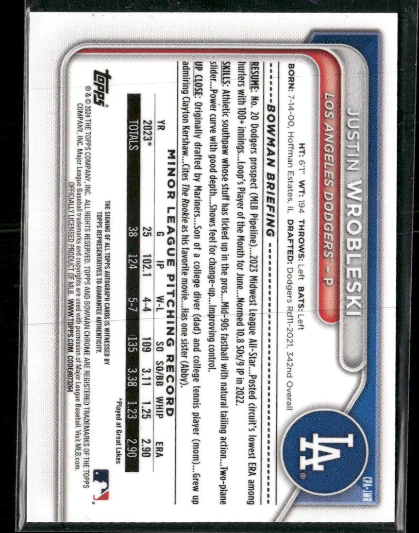 2024 Bowman Chrome Prospect Autographs Justin Wrobleski AU #CPA-JWR