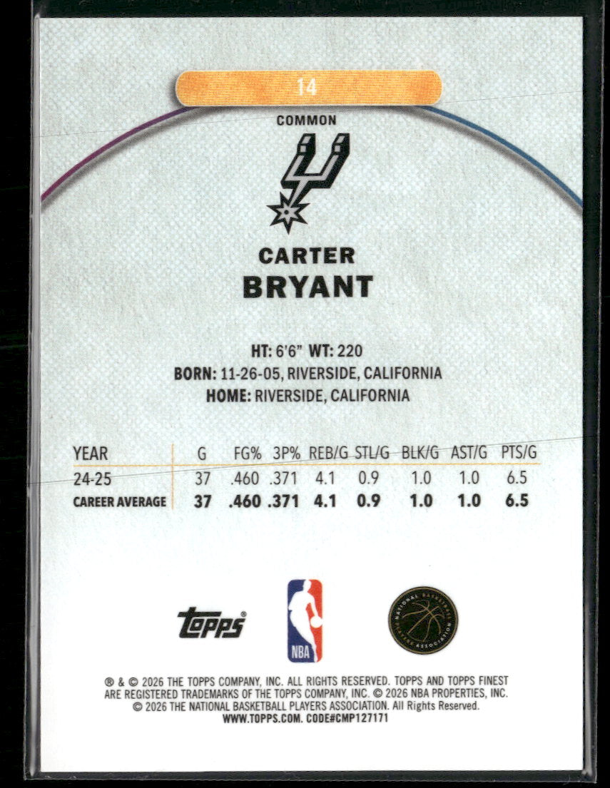 2025-26 Finest Blue X-Fractor Carter Bryant RC #/99 #14