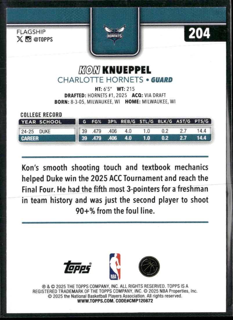 2025-26 Topps Rainbow Foilboard Kon Knueppel RC #204