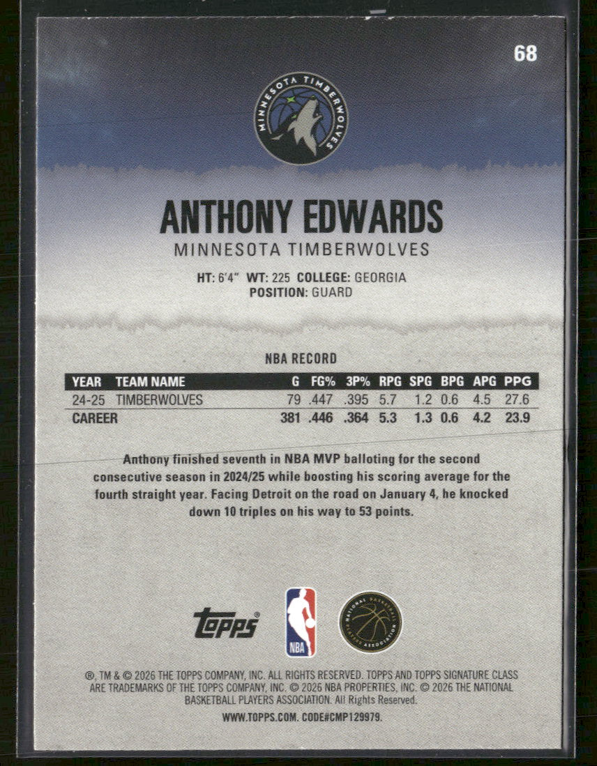 2025-26 Topps Signature Class Pink Anthony Edwards #/75 #68