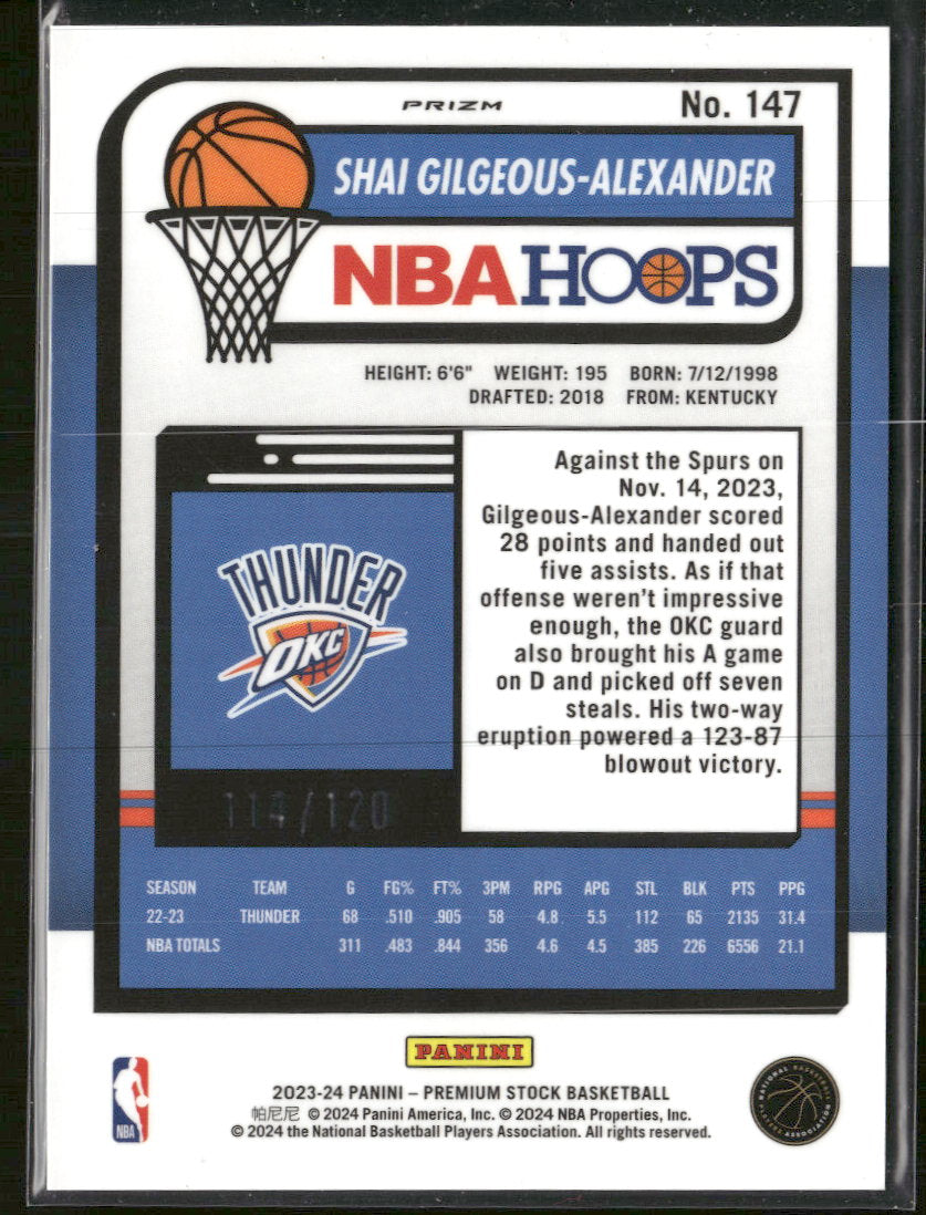 2023-24 Hoops Premium Stock Blue Prizm Shai Gilgeous-Alexander #/120 #147