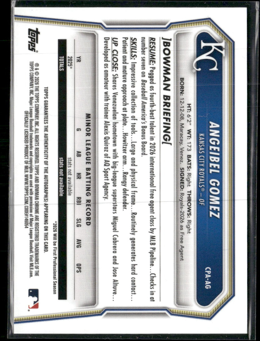 2026 Bowman Chrome Prospect AU Purple Refractor Angeibel Gomez #/250 AU #CPA-AG