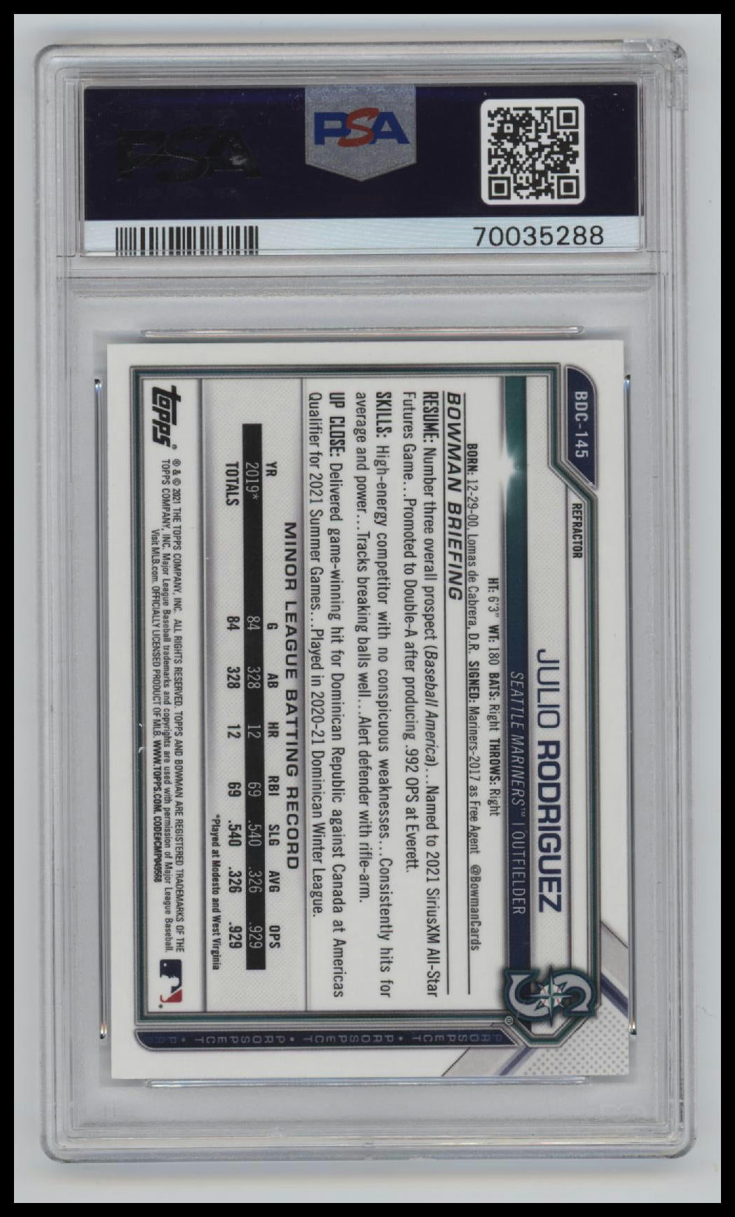 2021 Bowman Draft Chrome-Refractor Julio Rodriguez 9 PSA #BDC145