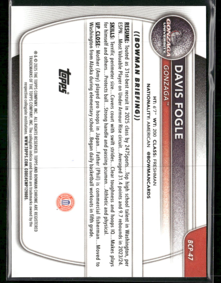 2025-26 Bowman Chrome Prospects Gold Mojo Refractor Davis Fogle #/50 #BCP-47