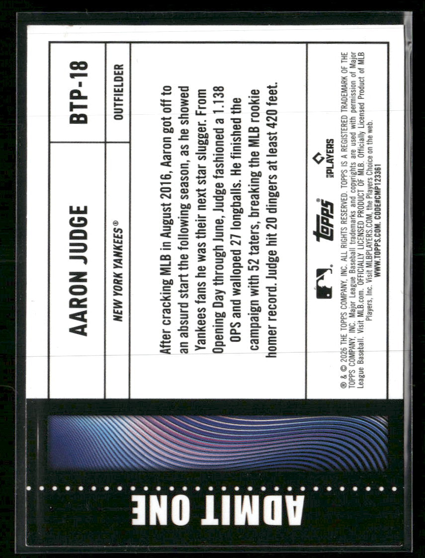 2026 Topps Big Ticket Players Pink Rainbow Foil Aaron Judge #BTP-18