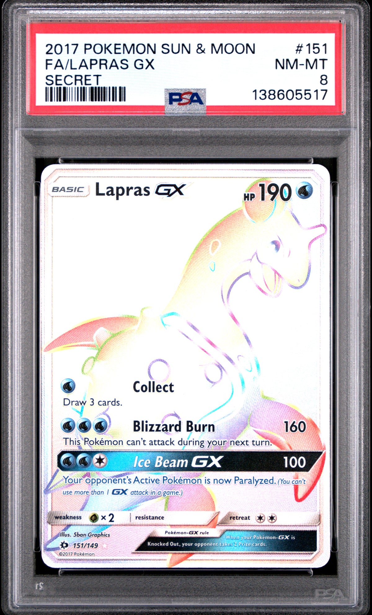 2017 Pokemon Sun & Moon Secret Fa/Lapras Gx 8 PSA #151
