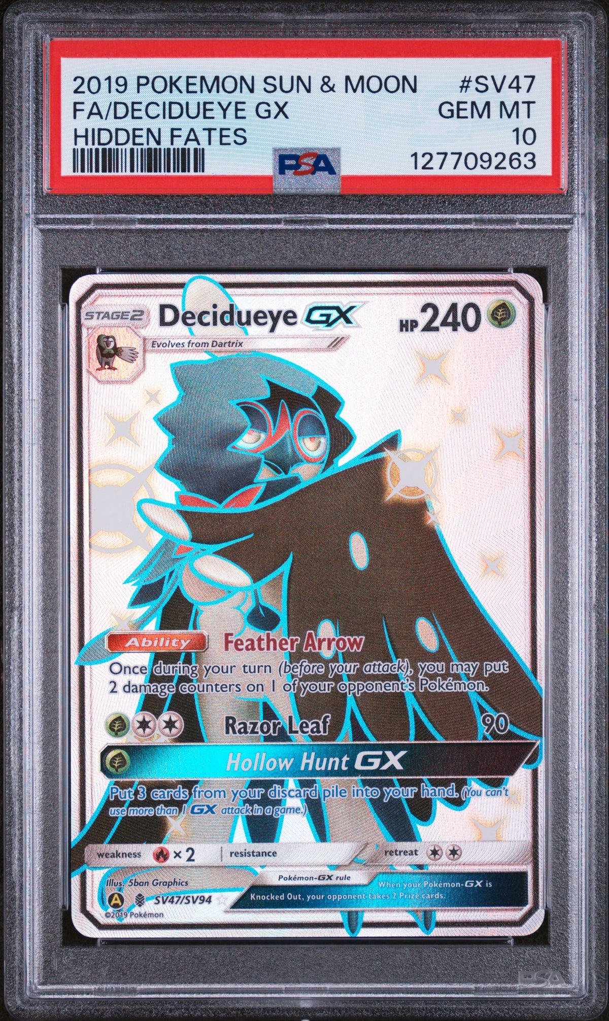 2019 Pokemon Sun & Moon Hidden Fates Hidden Fates Fa/Decidueye Gx 10 PSA #SV47