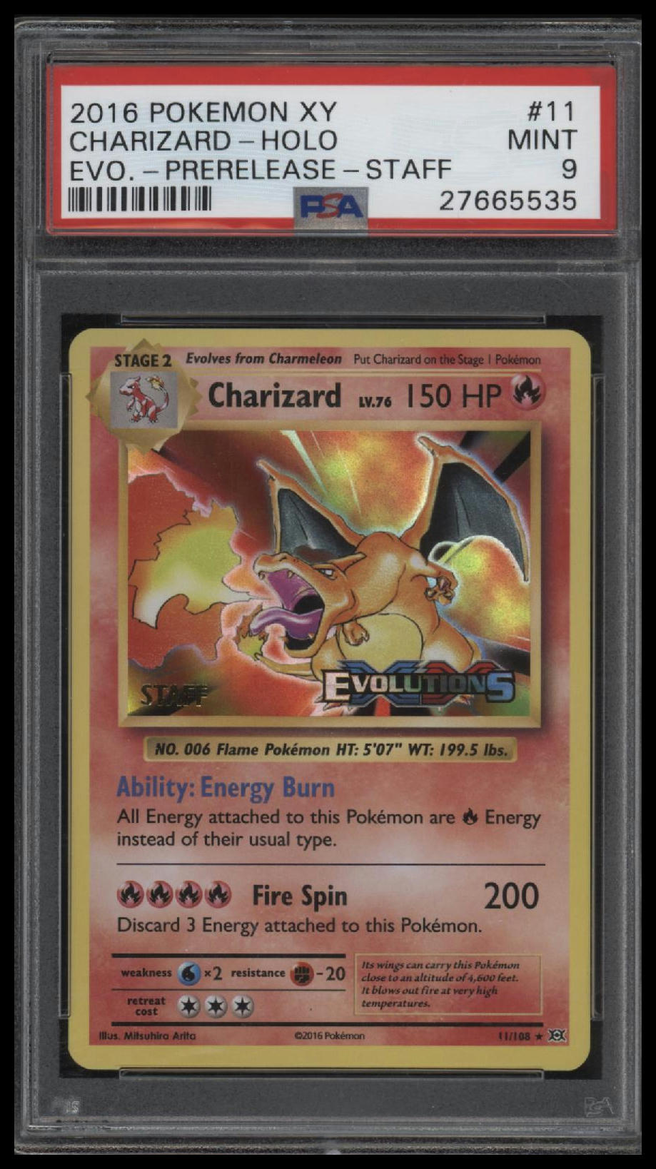 2016 Pokemon Xy Evolutions Evo-Prerelease-Staff Charizard-Holo 9 PSA #11