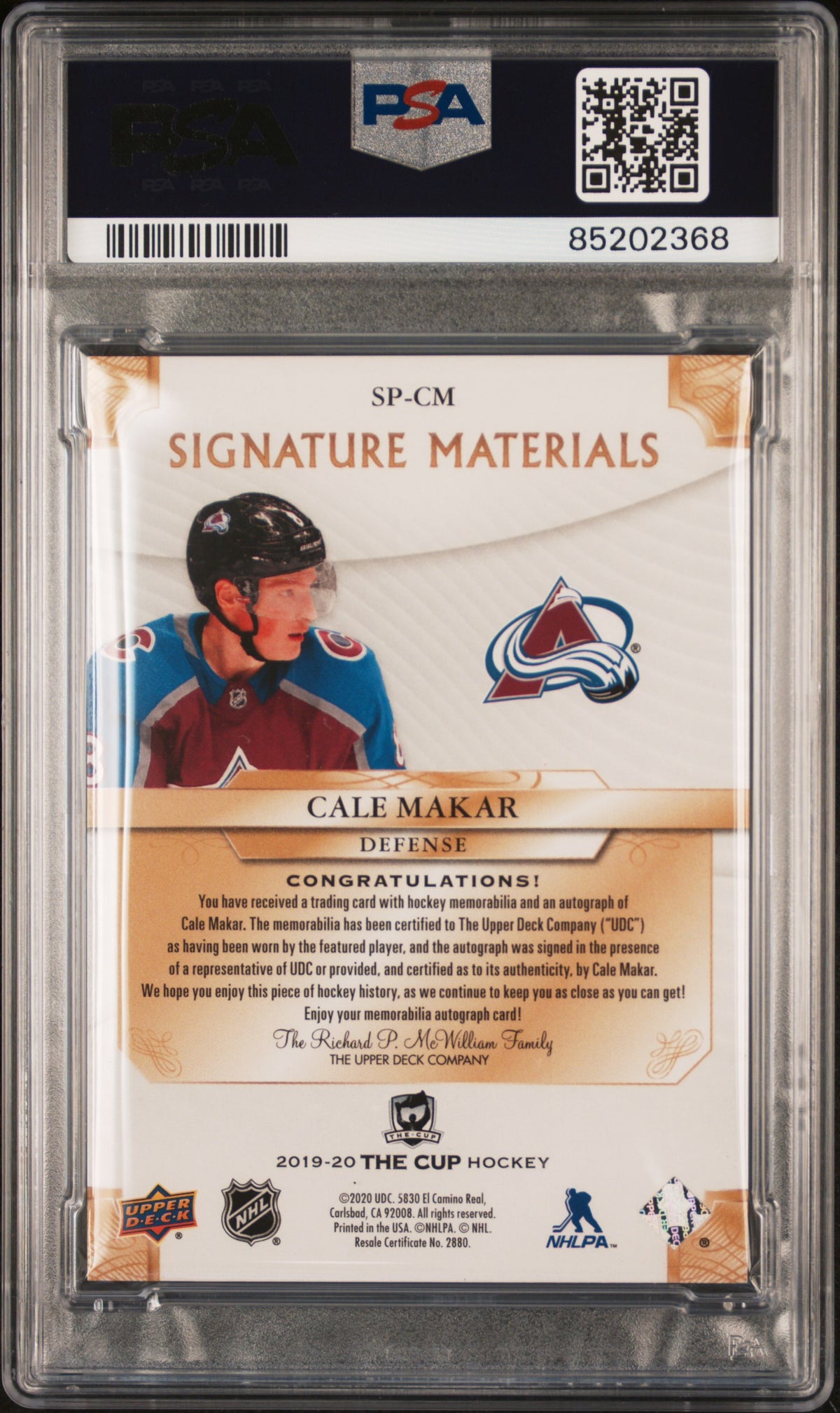 2019 Upper Deck The Cup Signature Mat-Rookies Cale Makar 9 AU PSA #CM