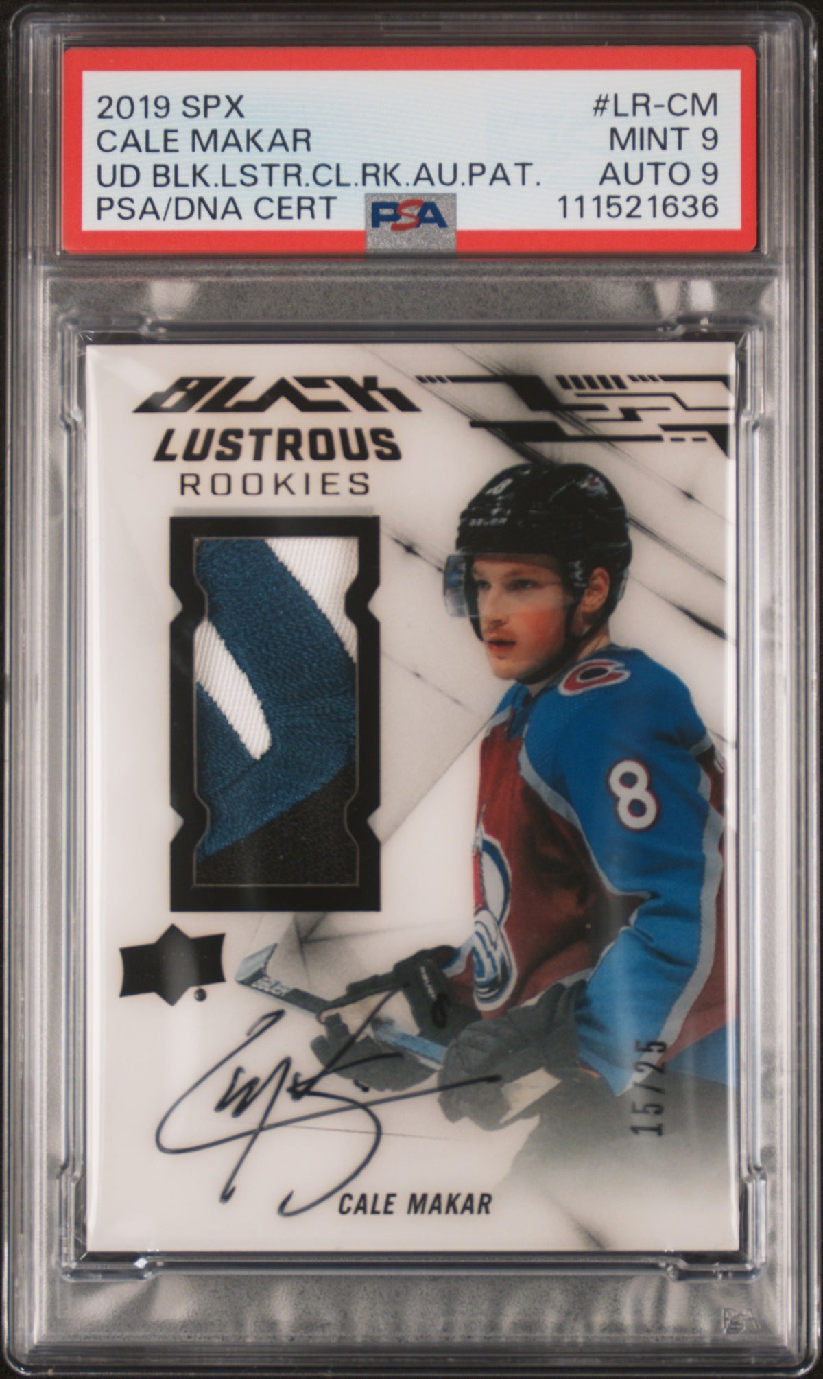 2019 Spx Ud Black Lustrous Clarity Rookie Auto Patch Cale Makar 9 AU PSA #LR-CM